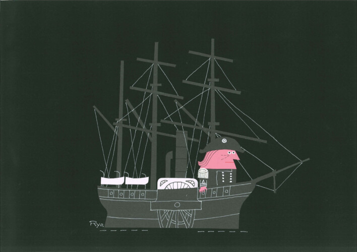 ポーハタン【黒船ハーバー】<br>
<柳原良平氏紹介文>
黒船ハーバー 150年前日本へやってきたアメリカの蒸気船“ポーハタン”です。ペルリ提督が乗っています。横浜港沖には他に蒸気船“サスケハナ”“ミシシッピ”の二隻に帆装軍艦六隻が碇泊しました。(2009年当時の紹介文です)<br>
※黒船ハーバーのパッケージに採用。このイラストはハーバーのために柳原良平氏が書き下ろしていただいたものです。