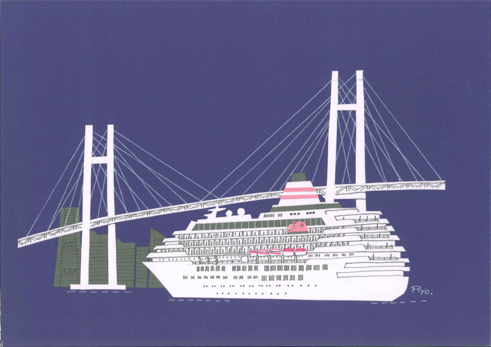 飛鳥II【横濱ベイブリッジサブレ】<br>
<柳原良平氏紹介文>
横浜ベイブリッジサブレは文字通りベイブリッジをくぐる日本最大の客船“飛鳥II”を絵にしました。総トン数48621トン。横浜を母港にして世界中、日本国内もクルーズしています。大桟橋へ見に行きましょう。(2009年当時の紹介文です)<br>
※横濱ベイブリッジサブレのパッケージに採用。このイラストはハーバーのために柳原良平氏が書き下ろしていただいたものです。