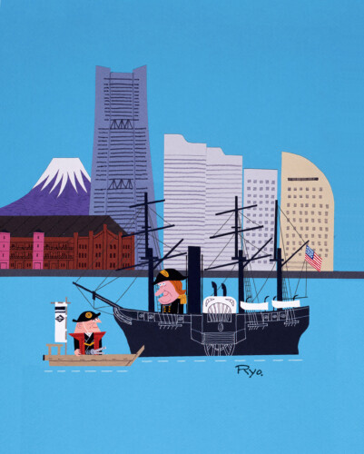 開港当時の横浜と現代の横浜の情景【開港ハーバー 抹茶黒蜜】<br>
船と港町横浜を愛してやまない柳原良平氏が手掛けた、開港当時の横浜と現代の横浜の情景を描いたものです。黒船に乗ったペルリ提督と日本の代官が描かれ、開港の瞬間が表現されています。<br>
2024年、開港ハーバー抹茶黒蜜のパッケージデザインの際に譲り受けた原画です。